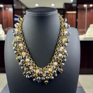 Chunky Statement Necklace Gold Tone Gunmetal Crystal Beaded Cluster Bib Collar